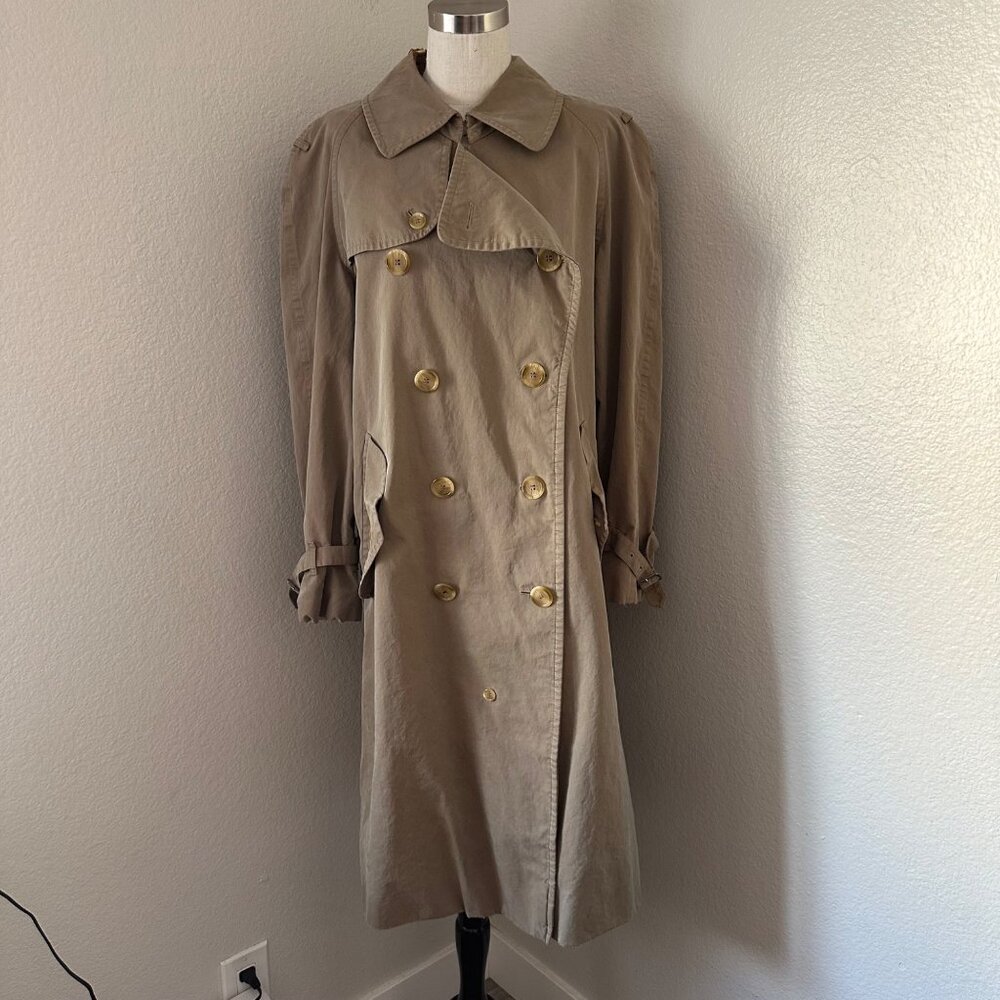 Vintage Burberry Trench Coat Peter Pan Neckline Double Breasted Cotton Buckle M
